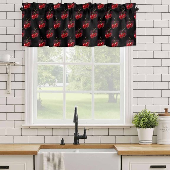 Kitchen Valances for Window, Retro Watercolor Cherry on Black Light Filtering Rod Pocket Valance Curtain, Farm Seamless Red Fruit Short Curtains Window Topper for Bedroom Bathroom Living Room 54x18in