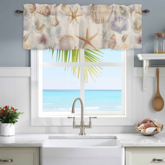 Kitchen Valances for Window, Retro Watercolor Summer Starfish Light Filtering Rod Pocket Valance Curtain, Shell on Linen Short Curtains Window Topper for Bedroom Bathroom Living Room 42x12in