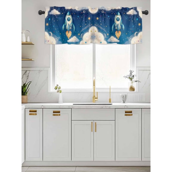 Kitchen Valances for Window, Rocket Galaxy Dream Sky Light Filtering Rod Pocket Valance Curtain, Stars Moon Planet Short Curtains Window Topper for Bedroom Bathroom Living Room 42x12in