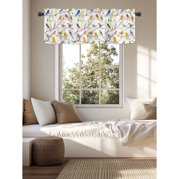 Kitchen Valances for Window, Rural Countryside Watercolor Bird Light Filtering Rod Pocket Valance Curtain, Sparrow on Branch Leaves Short Curtains Window Topper for Bedroom Living Room 54x18in