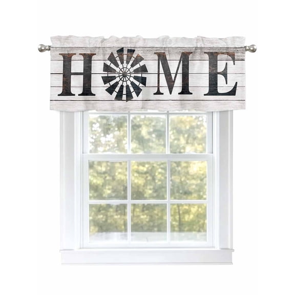 Kitchen Valances for Window, Rustic Farm Windmill HOME Quotes Light Filtering Rod Pocket Valance Curtain, Chic Wooden Plank Short Curtains Window Topper for Bedroom Bathroom Living Room 54x18in