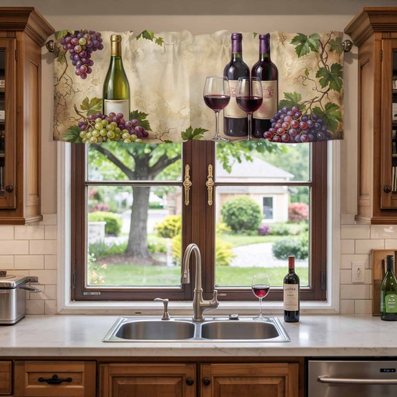 Kitchen Valances for Window, Rustic Grapes Wine Goblets Bottles Light Filtering Rod Pocket Valance Curtain, Farmhouse Italian Manor Short Curtains Window Topper for Bedroom 42x12in