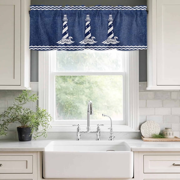 Kitchen Valances for Window, Rustic Nautical Lighthouse Blue Light Filtering Rod Pocket Valance Curtain, Classic Denim Marine Theme &nbsp;Short Curtains Window Topper for Bedroom Bathroom 54x18in