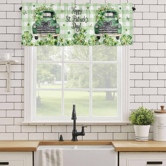 Kitchen Valances for Window, Rustic Truck Shamrock Butterfly Light Filtering Rod Pocket Valance Curtain, St. Patrick's Day Green Check Short Curtains Window Topper for Bedroom Living Room 54x18in