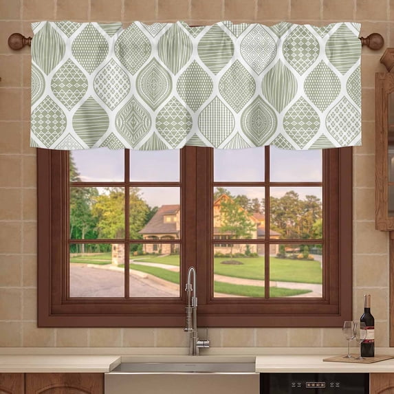 Kitchen Valances for Window, Sage Green Bohemian Geometric Light Filtering Rod Pocket Valance Curtain, Abstract Moroccan Pattern Short Curtains Window Topper for Bedroom 42x18in