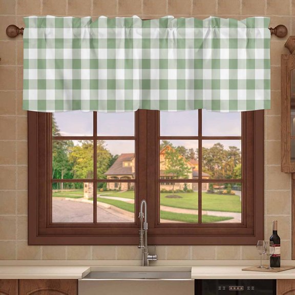 Kitchen Valances for Window, Sage Green Buffalo Plaid Light Filtering Rod Pocket Valance Curtain, Country Gingham Check Short Curtains Window Topper for Bedroom 54x18in