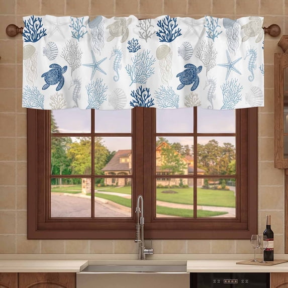 Kitchen Valances for Window, Sea Turtle Blue Coral Seamless Light Filtering Rod Pocket Valance Curtain, Ocean Starfish Seahorse Short Curtains Window Topper for Bedroom Bathroom Living Room 42x18in