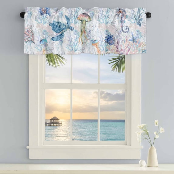 Kitchen Valances for Window, Sea Turtle Jellyfish Conch Seahorse Light Filtering Rod Pocket Valance Curtain, Blue Coral Marine Life Short Curtains Window Topper for Bedroom Living Room 42x18in