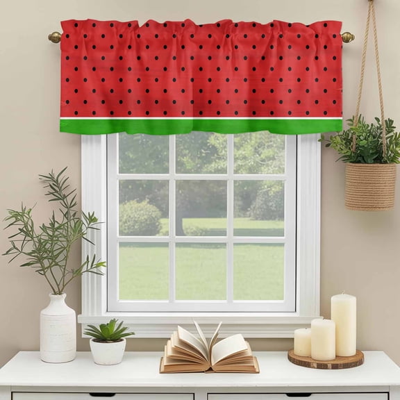 Kitchen Valances for Window, Simple Black Wave Points on Red Light Filtering Rod Pocket Valance Curtain, Summer Watermelon Seeds Short Curtains Window Topper for Bedroom Bathroom Living Room 42x12in