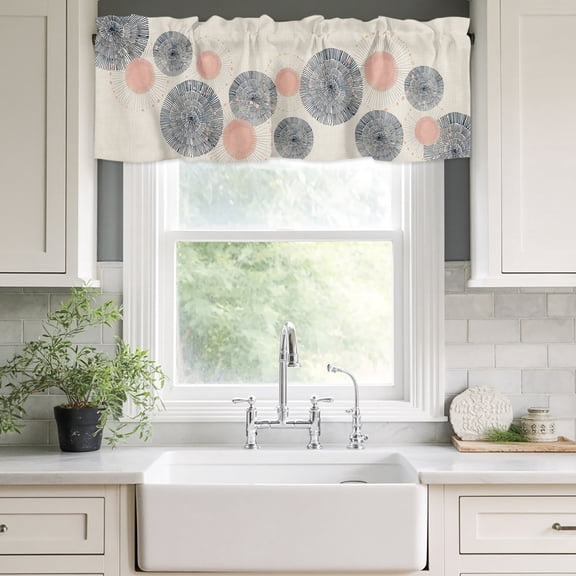 Kitchen Valances for Window, Soft Blush Circles Light Filtering Rod Pocket Valance Curtain, Retro Delicate Line on Linen Short Curtains Window Topper for Bedroom Bathroom Living Room 42x12in