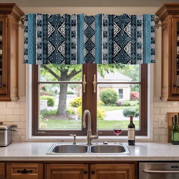 Kitchen Valances for Window, Southwestern Aztec Blue Geometric Light Filtering Rod Pocket Valance Curtain, Vintage Tribal Pattern Short Curtains Window Topper for Bedroom Living Room 54x18in