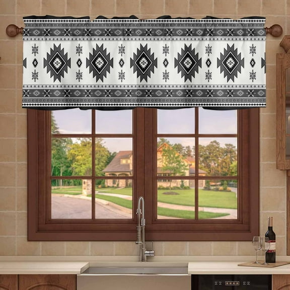 Kitchen Valances for Window, Southwestern Aztec Vintage Geometric Light Filtering Rod Pocket Valance Curtain, Ethnic Tribal Gray Theme Short Curtains Window Topper for Bedroom 54x18in