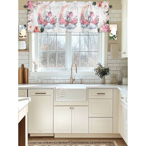 Kitchen Valances for Window, Spring Country Flowers Light Filtering Rod Pocket Valance Curtain, Moon Elephants Stars Clouds Short Curtains Window Topper for Bedroom Bathroom Living Room 42x12in