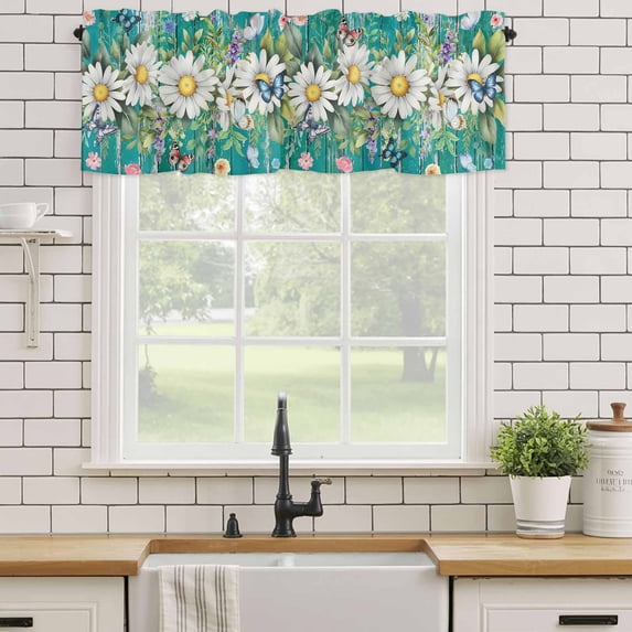 Kitchen Valances for Window, Spring Flowers Daisy Butterflies Light Filtering Rod Pocket Valance Curtain, Green Wood Board Short Curtains Window Topper for Bedroom Bathroom Living Room 54x18in