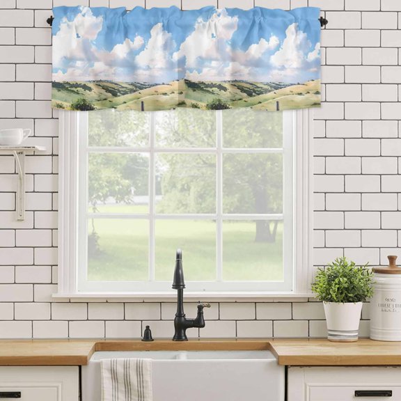 Kitchen Valances for Window, Spring Green Grassland Blue Sky Light Filtering Rod Pocket Valance Curtain, Flower Leaves Botantical Short Curtains Window Topper for Bedroom Living Room 54x18in