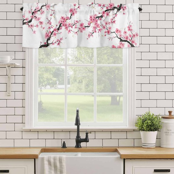 Kitchen Valances for Window, Spring Pink Cherry Flower Light Filtering Rod Pocket Valance Curtain, Watercolor Flower Tree Branch Short Curtains Window Topper for Bedroom Bathroom Living Room 54x18in