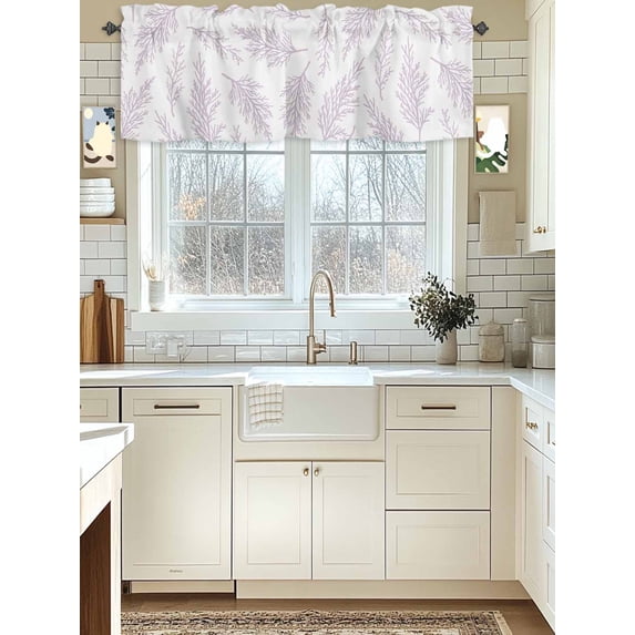 Kitchen Valances for Window, Spring Purple Branches Leaves Light Filtering Rod Pocket Valance Curtain, Watercolor Botantical Short Curtains Window Topper for Bedroom Bathroom Living Room 42x12in