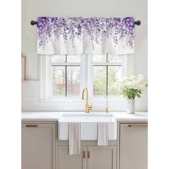 Kitchen Valances for Window, Spring Purple Eucalyptus Leaf on Top Light Filtering Rod Pocket Valance Curtain, Watercolor Botanical on White Short Curtains Window Topper for Bedroom 54x18in