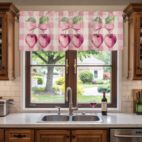 Kitchen Valances for Window, Spring Sweet Cherry Bow on Linen Light Filtering Rod Pocket Valance Curtain, Pink Check Background Short Curtains Window Topper for Bedroom Bathroom Living Room 60x18in