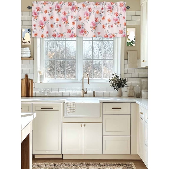 Kitchen Valances for Window, Spring Watercolor Blossom Floral Light Filtering Rod Pocket Valance Curtain, Flower on Pink Short Curtains Window Topper for Bedroom Bathroom Living Room 42x12in