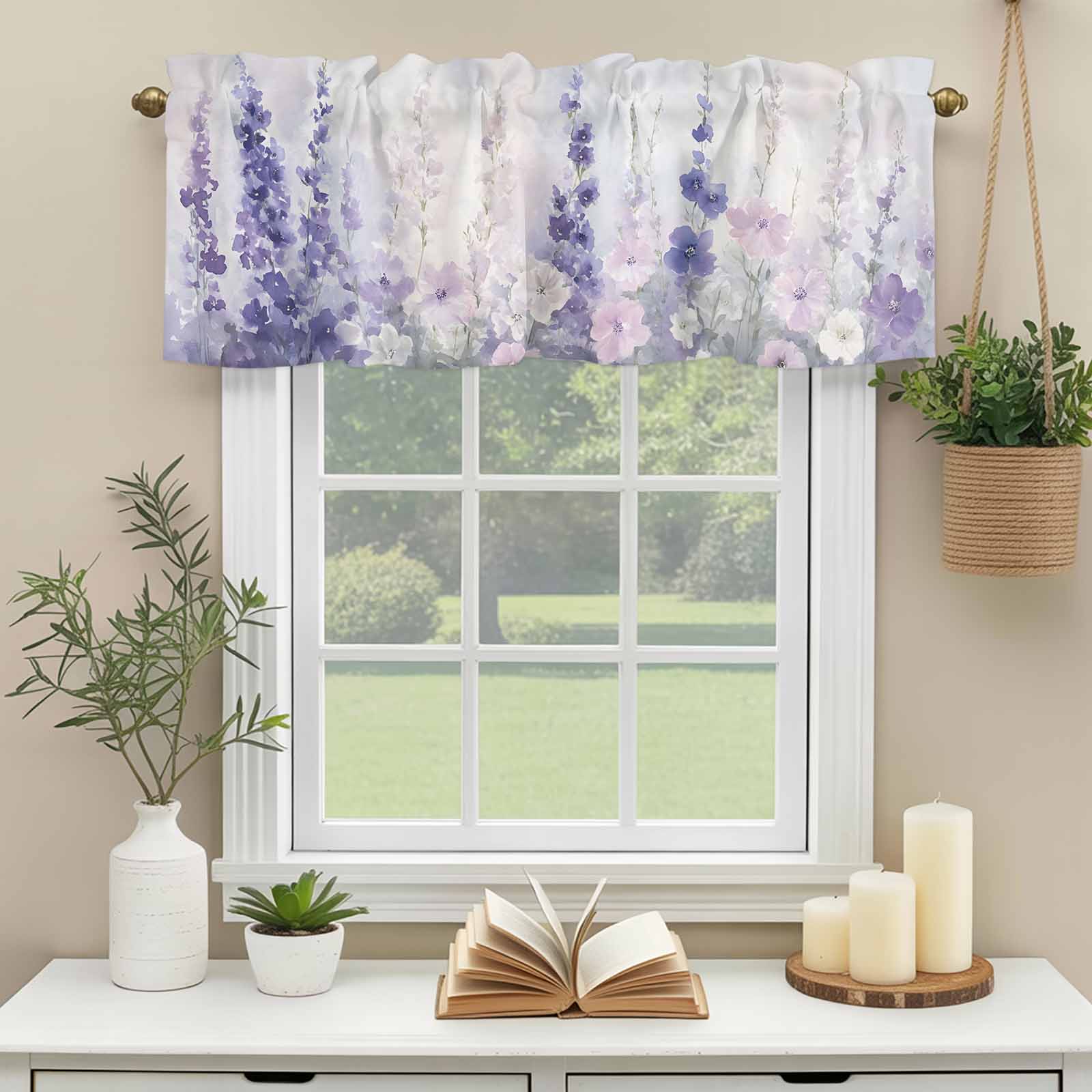 Kitchen Valances for Window, Spring Watercolor Purple Lavender Flower