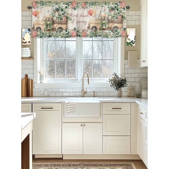 Kitchen Valances for Window, Spring Yellow Truck Eucalyptus Leaves on Linen Light Filtering Rod Pocket Valance Curtain, Pink Rose Short Curtains Window Topper for Bedroom Living Room 42x12in