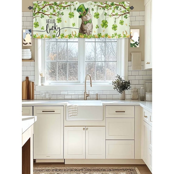 Kitchen Valances for Window, St Patrick's Day Cute Cat on Green Light Filtering Rod Pocket Valance Curtain, Lucky Shamrock Leaf Tree Short Curtains Window Topper for Bedroom Living Room 42x12in