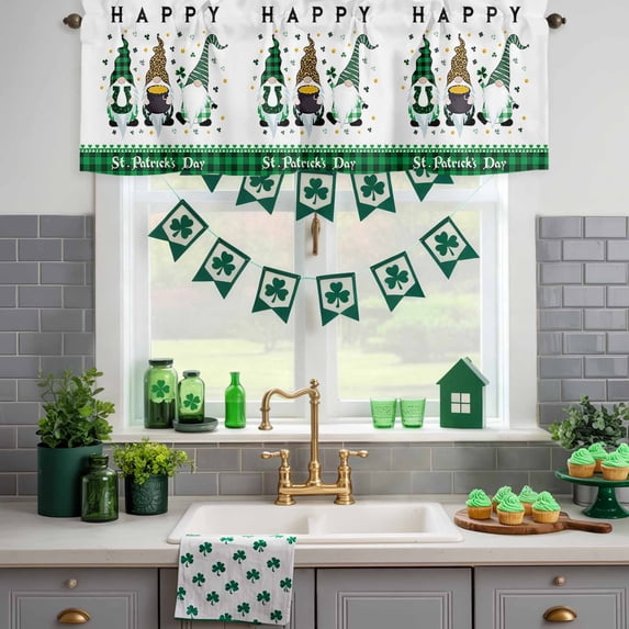 Kitchen Valances for Window, St. Patrick's Day Dwarf with Gold Coin and Horseshoe Light Filtering Rod Pocket Valance Curtain, Green Plaid Short Curtains Window Topper for Bedroom Living Room 42x12in
