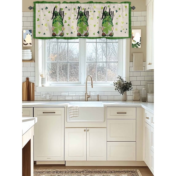 Kitchen Valances for Window, St. Patrick's Day Dwarf Retro Linen Light Filtering Rod Pocket Valance Curtain, Green Shamrock Checkered Short Curtains Window Topper for Bedroom Living Room 42x12in