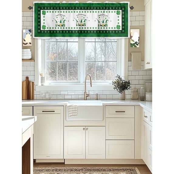 Kitchen Valances for Window, St. Patrick's Day Dwarfs with Buffalo Plaid Border Light Filtering Rod Pocket Valance Curtain, Irish Theme Short Curtains Window Topper for Bedroom Living Room 42x12in