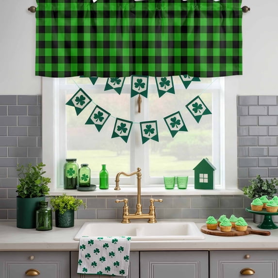 Kitchen Valances for Window, St. Patrick's Day Green and Black Plaid Light Filtering Rod Pocket Valance Curtain, Buffalo Checker Short Curtains Window Topper for Bedroom Bathroom Living Room 54x18in