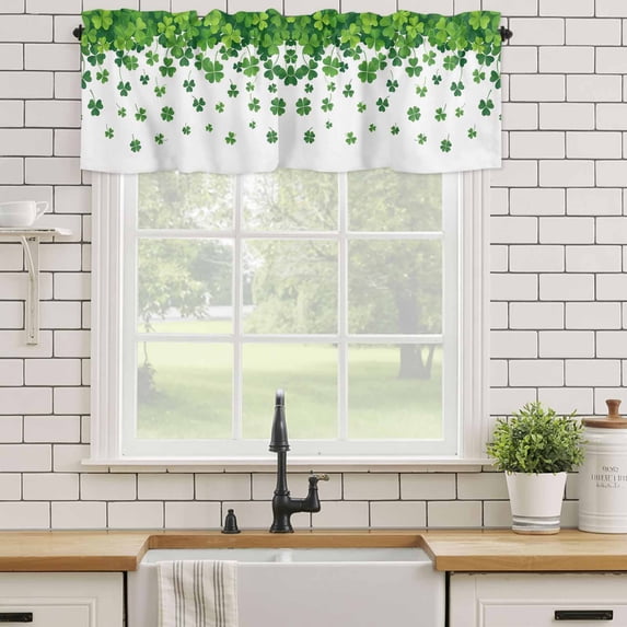 Kitchen Valances for Window, St. Patrick's Day Green Clovers Light Filtering Rod Pocket Valance Curtain, Shamrock Seamless White Short Curtains Window Topper for Bedroom Bathroom Living Room 54x18in