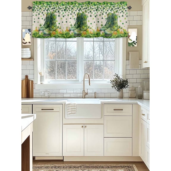 Kitchen Valances for Window, St. Patrick's Day Green Shamrock Light Filtering Rod Pocket Valance Curtain, Retro Shabby Boots on Linen Short Curtains Window Topper for Bedroom Living Room 42x12in