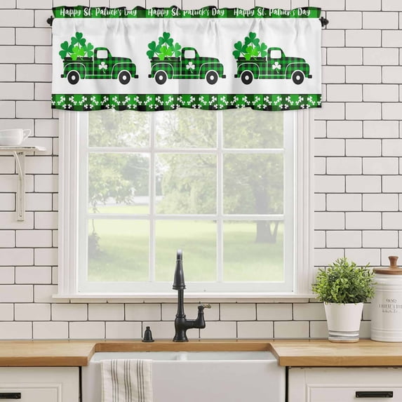 Kitchen Valances for Window, St. Patrick's Day Shamrock Light Filtering Rod Pocket Valance Curtain, Green Black Checkered Truck Short Curtains Window Topper for Bedroom Bathroom Living Room 54x18in