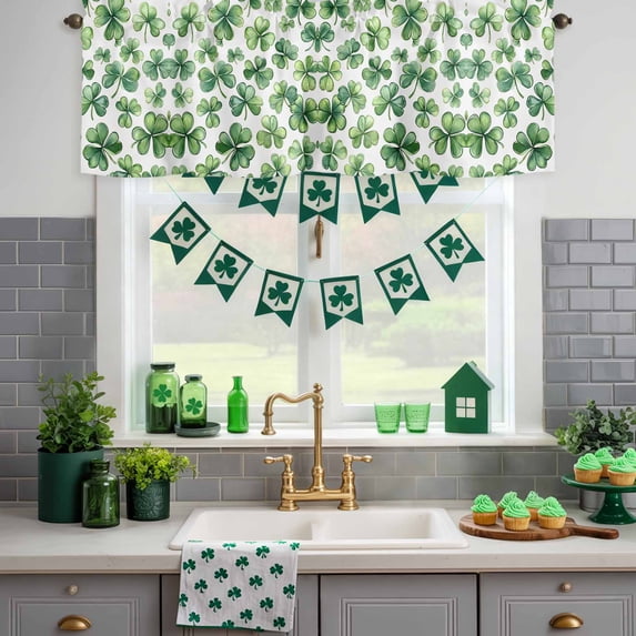 Kitchen Valances for Window, St. Patrick's Day Shamrock Light Filtering Rod Pocket Valance Curtain, Spring Ombre Green Leaves Short Curtains Window Topper for Bedroom Bathroom Living Room 42x12in
