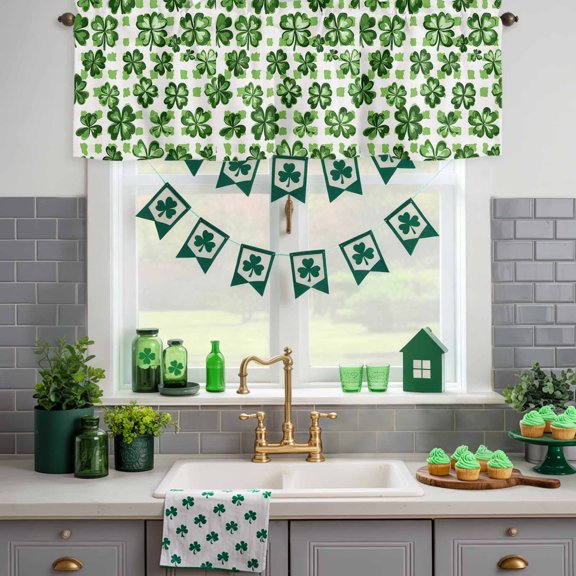 Kitchen Valances for Window, St. Patrick's Day Watercolor Green Luck Leaf Light Filtering Rod Pocket Valance Curtain, White Background Short Curtains Window Topper for Bedroom Living Room 42x18in