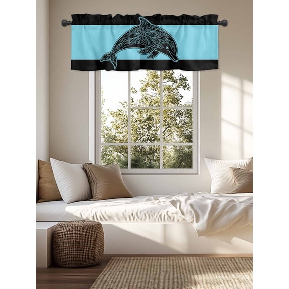 Kitchen Valances for Window, Summer Abstract Dolphin on Blue and Black Light Filtering Rod Pocket Valance Curtain, Abstract Flower Short Curtains Window Topper for Bedroom Living Room 54x18in