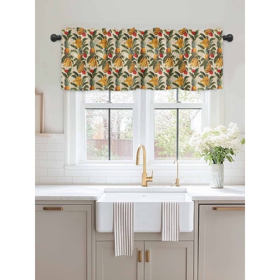 Kitchen Valances for Window, Summer Banana Pineapple Leaves on Linen Light Filtering Rod Pocket Valance Curtain, Vintage Fruit Short Curtains Window Topper for Bedroom Bathroom Living Room 54x18in