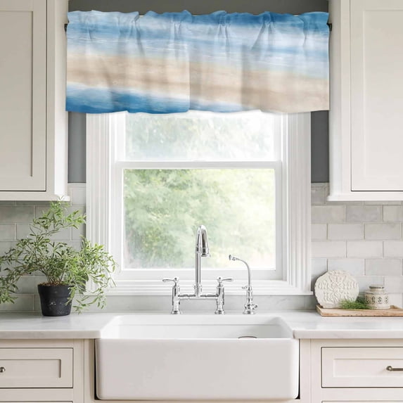 Kitchen Valances for Window, Summer Beach Blue Ocean Light Filtering Rod Pocket Valance Curtain, Modern Minimalist Art &nbsp;Short Curtains Window Topper for Bedroom Bathroom Living Room 42x18in