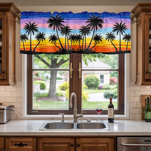 Kitchen Valances for Window, Summer Beach Palm Tree Light Filtering Rod Pocket Valance Curtain, Seaside Plant Rainbow Sunset Short Curtains Window Topper for Bedroom 42x12in
