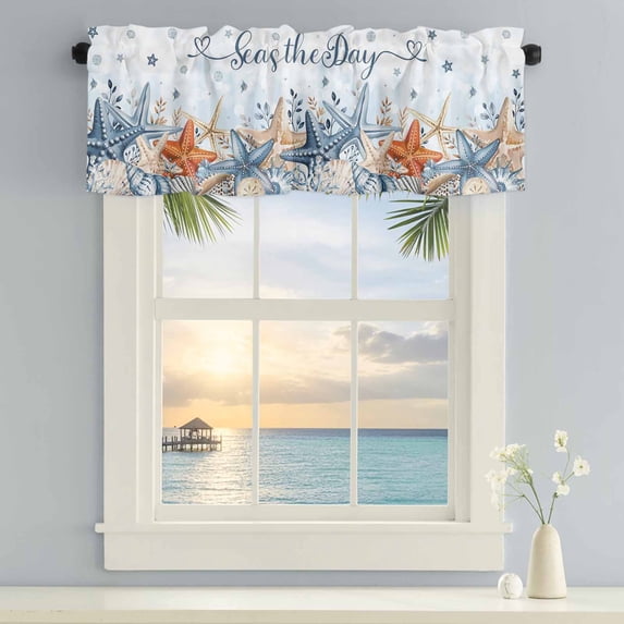 Kitchen Valances for Window, Summer Blue Ocean Cute Starfish Light Filtering Rod Pocket Valance Curtain, Seaside Beach Shells Short Curtains Window Topper for Bedroom Bathroom Living Room 42x18in