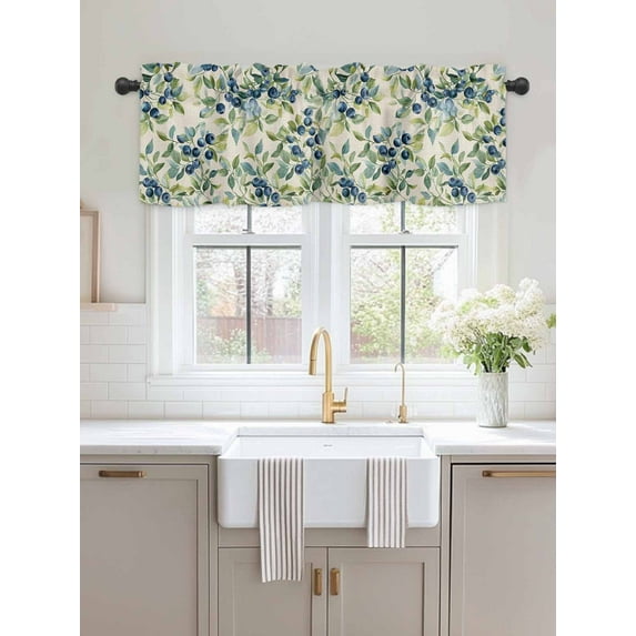 Kitchen Valances for Window, Summer Blueberry Leaves on Linen Light Filtering Rod Pocket Valance Curtain, Watercolor Botanical Short Curtains Window Topper for Bedroom Bathroom Living Room 54x18in