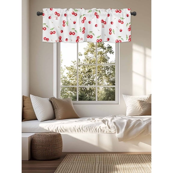 Kitchen Valances for Window, Summer Cherry Red Watercolor Light Filtering Rod Pocket Valance Curtain, Farm Fruit Harvest Short Curtains Window Topper for Bedroom Bathroom Living Room 54x18in