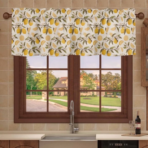 Kitchen Valances for Window, Summer Lemon Flower Leaves Light Filtering Rod Pocket Valance Curtain, Farm Fruit Retro Linen Short Curtains Window Topper for Bedroom 42x12in