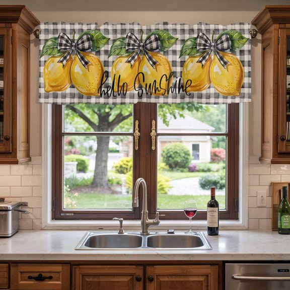 Kitchen Valances for Window, Summer Lemon Leaf Sunshine Quote Light Filtering Rod Pocket Valance Curtain, Black Buffalo Checker Short Curtains Window Topper for Bedroom Bathroom Living Room 42x12in