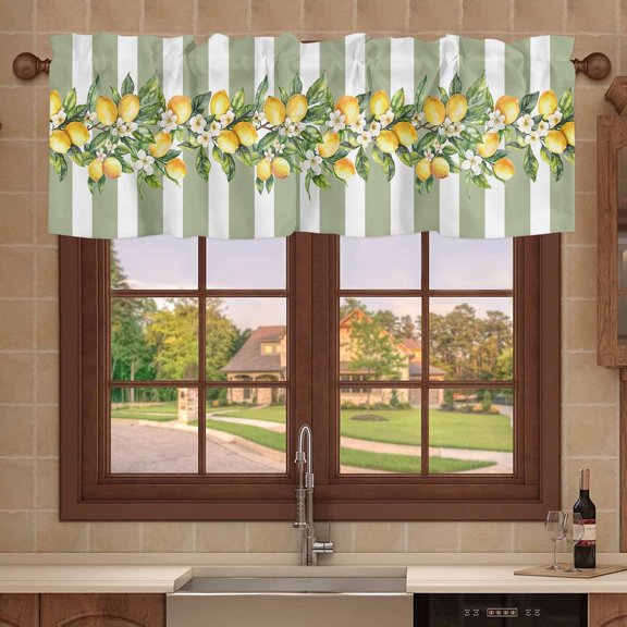 Kitchen Valances for Window, Summer Lemon Sage Green Stripes Light Filtering Rod Pocket Valance Curtain, Watercolor Flower Green Leaves Short Curtains Window Topper for Bedroom 54x18in