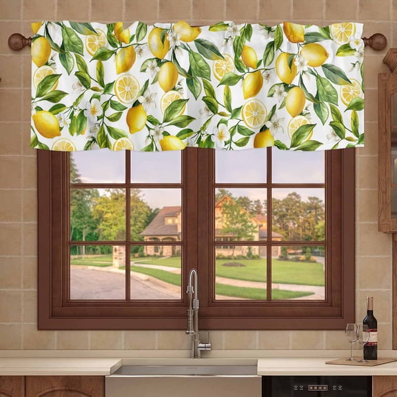 Kitchen Valances for Window, Summer Lemon Watercolor Green Leaves Light Filtering Rod Pocket Valance Curtain, Flower Seamless Short Curtains Window Topper for Bedroom 42x12in