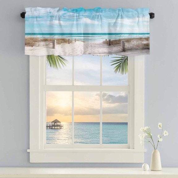 Kitchen Valances for Window, Summer Nautical Beach Sea Blue Sky Light Filtering Rod Pocket Valance Curtain, Coastal Seascape Theme Short Curtains Window Topper for Bedroom Living Room 60x18in