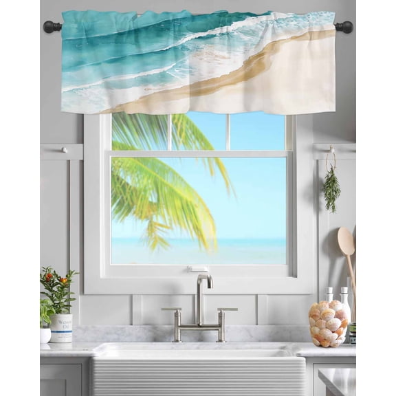 Kitchen Valances for Window, Summer Nautical Beach Seaside Light Filtering Rod Pocket Valance Curtain, Abstract Coastal Ocean Theme &nbsp;Short Curtains Window Topper for Bedroom 42x12in