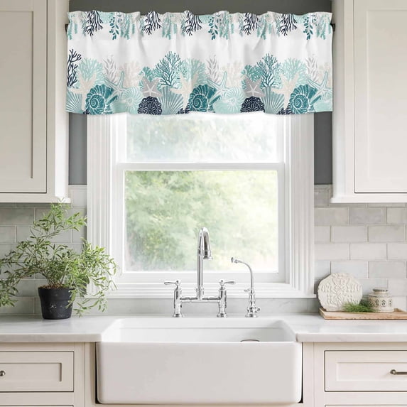 Kitchen Valances for Window, Summer Ocean Conch Coral Turquoise Light Filtering Rod Pocket Valance Curtain, Cute Starfish Seagrass Short Curtains Window Topper for Bedroom Living Room 42x18in